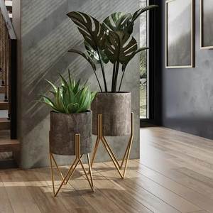 Ensemble de supports pour plantes en métal doré, écologiques et durables, 2 pièces, design géométrique moderne, porte-pot de fleurs haut, décoration de jardin intérieur/extérieur - Product Image 1