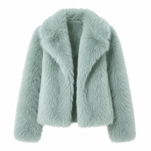 Veste en fausse fourrure vert menthe pour femme avec bordure en fourrure, manches longues, courte, décontractée, chaude pour l'hiver - Product Image 5