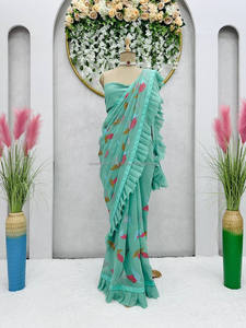 Saree Designer Party Wear orné de paillettes rose fausse georgette et tissu de lin scie soie et coton - Product Image 2