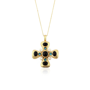 Collar de diseño moderno con colgante de cruz, ónix negro y perlas blancas, cadena chapada en oro, collar a la moda. - Product Image 1