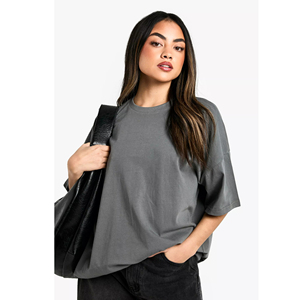 T-shirt Oversize Femme Col Rond Manches Courtes Épaules Tombantes Coupe Ample Imprimé Gris 100% Coton Jersey Respirant Été Logo - Product Image 1