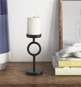 <b>Black</b> Metal Pillar Candle <b>Holder</b> - Modern Round Ring Stem <b>Candlestick</b> Stand Tabletop Centerpiece for Home Decor & Dining Accent - Product Image 3