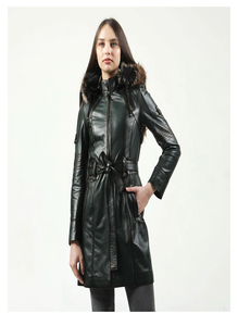 Women's Black Genuine <b>Leather</b> Moto <b>Jacket</b> With Fur Trim Hood Zipper Closure <b>Long</b> Sleeve Winter Style - Product Image 6