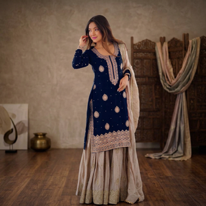 Costume Salwar en soie bleu marine brodé pour femmes avec dupatta, tenue traditionnelle indienne pakistanaise pour mariage - Product Image 5