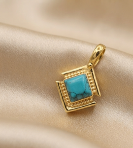 Pendentif carré en argent sterling 925 avec turquoise bleue naturelle, fait main, monture géométrique perlée, sertissage clos, or rose et jaune - Product Image 3