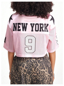 เสื้อเจอร์ซีย์สำหรับผู้หญิง Y2k เสื้อครอปสตรีทแวร์ชุดกีฬาเสื้อยืดแขนสั้นเสื้อฟุตบอลน่ารัก - Product Image 2