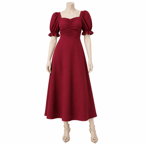 Vestido Maxi Elegante Color Borgoña para Mujer con Cuello Cuadrado y Mangas Abullonadas |   Vestido de fiesta casual con escote fruncido y corte en A para la noche - Product Image 1