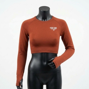 Haut court de sport pour femme à manches longues avec trous pour les pouces, séchage rapide, coupe ajustée, idéal pour la course – Grande Vente - Product Image 1