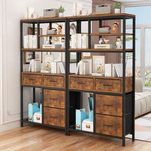 Libreria a 6 Ripiani e 4 Cassetti di Qualità Alberghiera, in Truciolato con Struttura in Ferro e Tessuto Non Tessuto, 90x30x174cm, Nero con Dettagli in Ferro e Finitura Effetto Legno Nero - Product Image 3