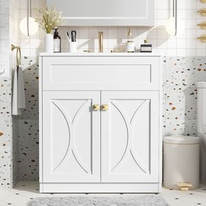 Meuble-lavabo autoportant moderne de 30 pouces avec vasque en céramique intégrée, armoire de rangement à fermeture douce et poignées dorées - Product Image 3