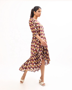 Vestido de Otoño con Estampado Abstracto, Corte Evase, Estampado Digital, Detalles en Capas, Mangas con Puños, Bolsillo Teñido Liso - Product Image 3