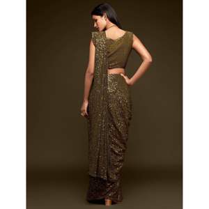 Superbe sari de soirée en georgette vert olive à paillettes non cousu 1000g - Product Image 4