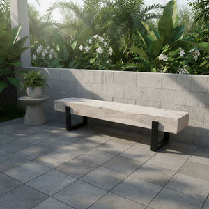 Banc industriel moderne en bois massif naturel à bords bruts, tabouret long en bloc de bois récupéré, pieds en métal noir robustes, pour jardin et terrasse - Product Image 4