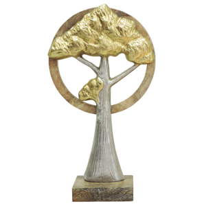 Modern Aluminum <b>Tree</b> Sculpture with Gold Foliage and Mango Wood Ring - Abstract Handcrafted Silver and Gold Nature Desktop Decor - Product Image 1