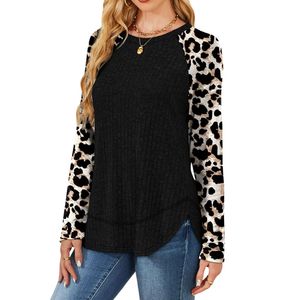 Custom Leopard Sleeve Women <b>Sweaters</b> Black Curved Hemline <b>Crewneck</b> Raglan Long Sleeve Breathable Cotton Blends Pullovers - Product Image 1