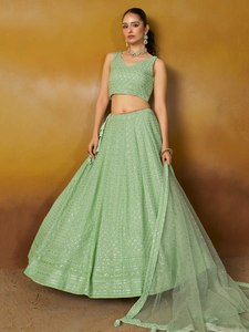 Pista Green Embroidered Georgette Lehenga Choli with Dupatta Wedding <b>Dress</b> Festive Indian Outfit - Product Image 2