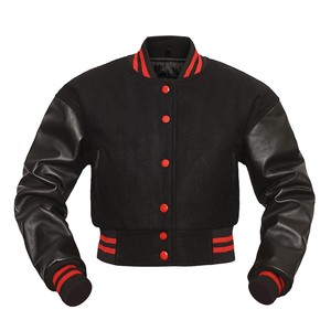 Veste universitaire unisexe noire avec manches en cuir de vachette, boutons rouges, col montant, style décontracté, vêtement d'hiver, coupe classique, écologique - Product Image 1