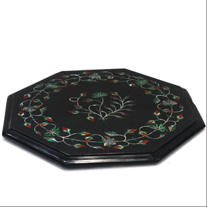 Placa Decorativa Ecológica con Incrustaciones de Mármol Negro y Arte Floral de Piedras Semipreciosas, Placa Octogonal con Base de Madera - Product Image 2