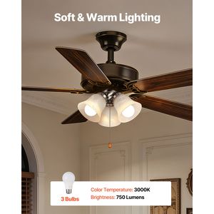 Kit de ventilateur de plafond à 6 pales, 3000K, 750lm, 3 lumières, avec interrupteur à chaîne, pour salon, chambre et luminaires de remplacement - Product Image 2