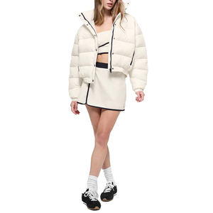 Veste matelassée tendance pour femme, couleur crème, col montant, manches longues, fermeture éclair, manteau d'hiver chaud, couleur unie, bordure contrastée - Product Image 5