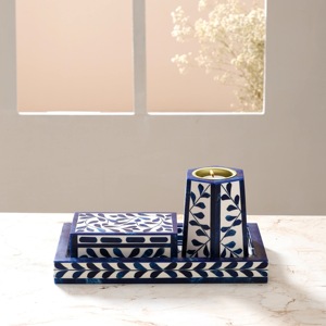 Ensemble de boîte et plateau pour brûleur d'encens en bois de pin et corne d'os indiens faits à la main avec incrustation noire d'ILAHI - Product Image 1