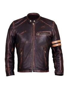 เสื้อแจ็คเก็ตหนังสีน้ำตาลสไตล์คาเฟ่เรเซอร์สำหรับผู้ชาย - Product Image 1