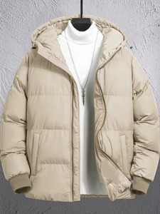 Men's Winter Sports Standard Jacket Fashionable Casual Stand Zipper Front Hooded Cotton Solid Color Cold Resistant Windproof - Product Image 4