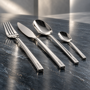 Ensemble de couverts en acier inoxydable argenté avec finition polie, poignées à trois points, quatre pièces, ustensiles de table |   Ensemble de vaisselle de luxe raffinée - Product Image 3