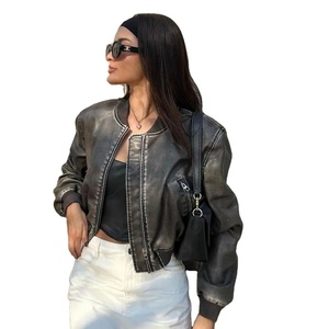 Chaqueta holgada de lona de cuero lavado para hombre, abrigo regular con cremallera degradada y cuello vuelto, estilo locomotora transpirable para mujer de invierno - Product Image 1