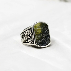Vintage Style Raw Moldavite <b>Ring</b> | Sterling Silver Men's <b>Statement</b> <b>Ring</b> | Certified Natural Gemstone Boho Jewelry Gift | 2026 - Product Image 3