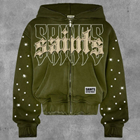 Sweat-shirt à capuche zippé brodé de strass, design personnalisé, 500 GSM, unisexe, tissé 100% coton, vêtements décontractés d'hiver