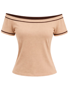 Camiseta Beige para Mujer con Hombros Descubiertos, Ribete de Rayas Marrones en Contraste, Manga Corta, Corte Ajustado, Informal, Verano, Fabricante OEM Personalizado - Product Image 1