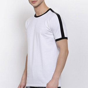 T-shirt blanc à manches courtes pour homme, col rond, bordure contrastée, coupe classique, coton, jersey tricoté, couleur unie, t-shirt décontracté - Product Image 2