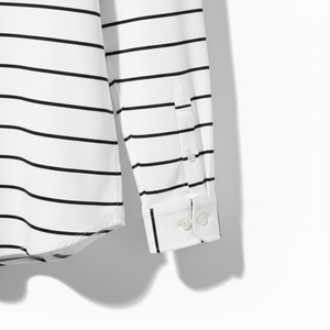 Chemise d'été premium pour homme à manches longues, blanche, avec rayures noires linéaires, 100 % coton, tissu jersey décontracté 100 g, séchage rapide - Product Image 5