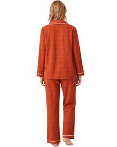 Ensemble de pyjama pour femme à carreaux orange rouille personnalisé, manches longues, boutonné, vêtements de nuit en coton doux, ensemble de vêtements de détente en deux pièces - Product Image 2
