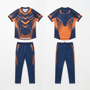 Ensemble de t-shirts pour hommes bleu et orange multicolores à col en V, séchage rapide, tricotés en polyester et élasthanne, décontractés pour l'été - Product Image 2