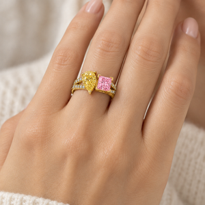 Toi Et Moi Fancy Yellow Pear Pink Princess <b>Split</b> Shank IGI Certified Lab Grown Diamond Rhodium Plated Trendy Gold Gemstone <b>Ring</b> - Product Image 2