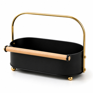 Plateau de rangement élégant avec un corps en métal noir mat élégant, un magnifique cadre en métal doré et une poignée en bois naturel. - Product Image 6