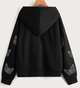 Sweat à capuche unisexe surdimensionné avec logo personnalisé en strass, effet délavé vintage, fermeture éclair, prix d'usine - Product Image 3