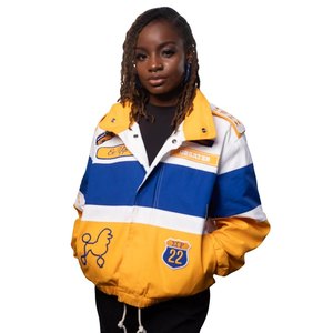 Veste de course Sigma Gamma Rho pour femme, bleu et or, style bomber colorblock, fermeture éclair, style streetwear décontracté, sororité grecque - Product Image 1