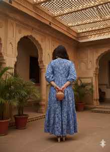 Vestido Midi Azul con Estampado Floral, Cuello en V, de Algodón, Estilo Boho, Ecológico, Cintura Natural, Étnico Indio, Festivo - Product Image 3