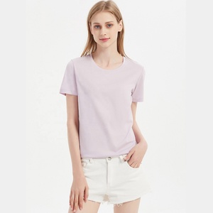 Haute qualité 160gsm 100% coton mercerisé léger refroidissement soyeux solide coupe ajustée col rond manches courtes T-shirts pour les femmes - Product Image 2