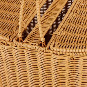 Round Rattan Picnic <b>Basket</b> Cylindrical <b>Wicker</b> Storage Hamper with Leather <b>Handle</b> Open Top Color Block Garden Flower Shopping Bag - Product Image 2