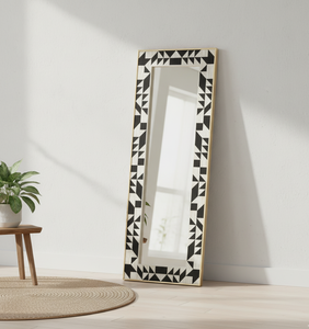 Marco de Espejo con Incrustaciones de Hueso y Resina, Estilo Americano, para Montar en el Suelo |   Espejo Decorativo para el Hogar con Diseño Geométrico en Blanco y Negro Hecho a Mano - Product Image 1