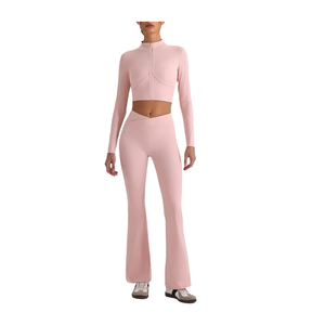 Conjunto de Yoga de 2 Piezas Personalizado con Logotipo Frontal, Transpirable, de Secado Rápido, Spandex/Nylon, Leggings de Cintura Alta, Top Corto con Cierre de Cremallera, para Gimnasio, Mujer - Product Image 1
