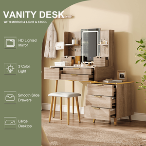 "7-Drawer Lighted <b>Mirror</b> Vanity Desk with Carved Details & Metal Legs Fluted <b>Makeup</b> Table & PU Stool" - Product Image 5