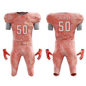 Ensemble d'uniformes de football américain personnalisables pour hommes – Maillot et pantalon sublimés pour 50 joueurs, motif marbré rouge, anti-humidité, coupe ajustée - Product Image 1