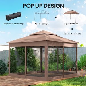 Gazebo Pop-up da Esterno 3,35 x 3,35 m con Tettoia Impermeabile, Struttura in Acciaio, Zanzariera con Cerniera e Borsa per il Trasporto - Marrone - Product Image 3