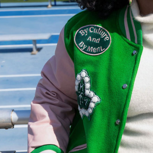 <b>Pink</b> Green Patch Leather Varsity <b>Jacket</b> Women Embroidered College Bomber Coat Casual Streetwear Fashion Outerwear - Product Image 2