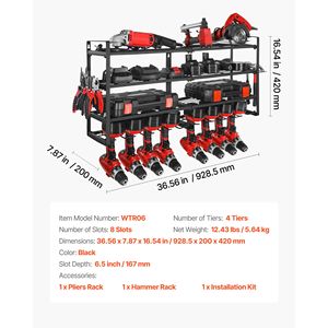 Organisateur mural pour outils électriques à 4 niveaux avec 8 supports pour perceuses, support pour tournevis, étagère de rangement - Product Image 5